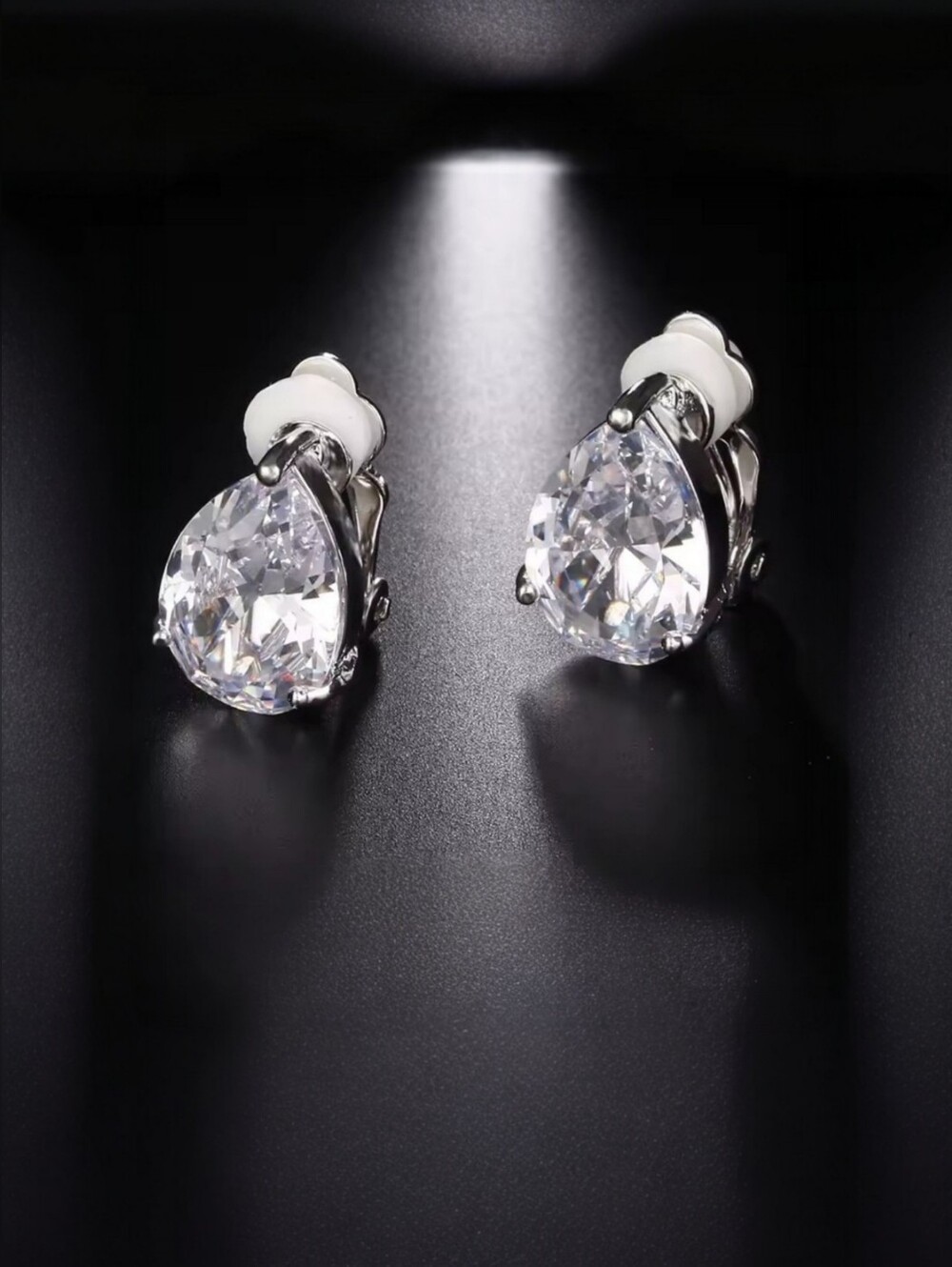 Classic Teardrop Clear Cubic Zirconia Clip-On Earrings - Silver White